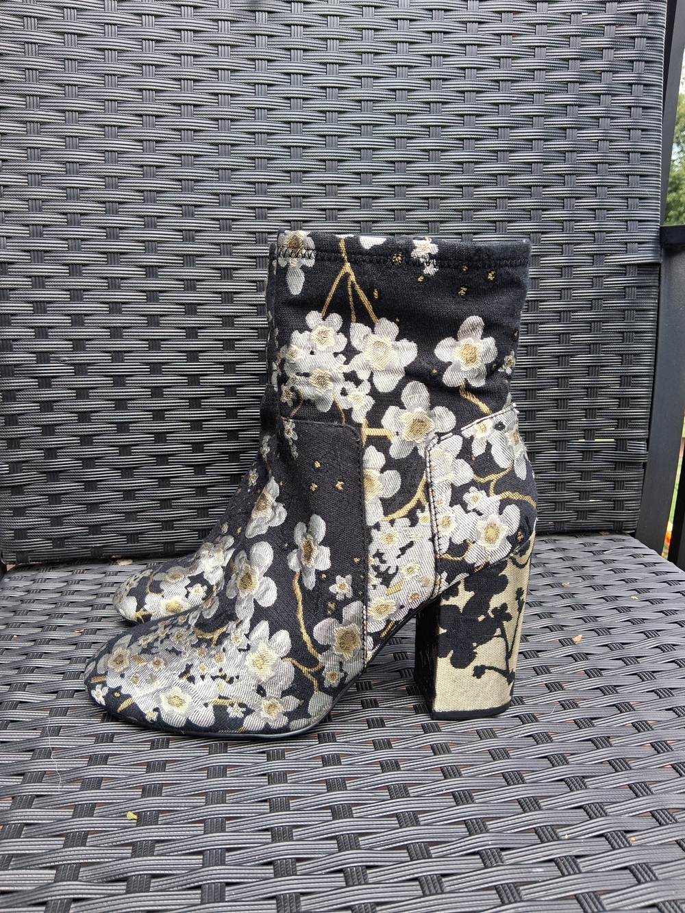 Nine West Quilby Floral Embroidered Ankle Boots with Gold Accents